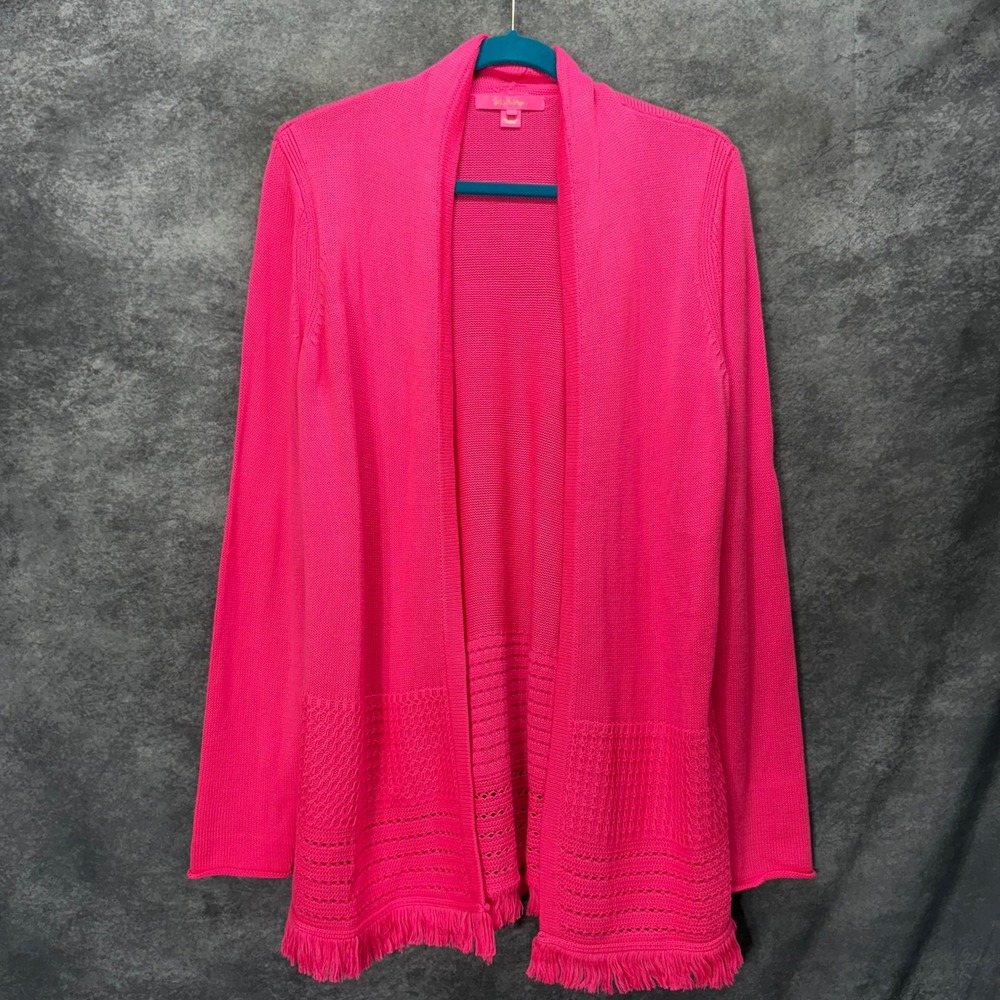 Lilly Pulitzer Noble Fringe Cardigan Size L Neon Bright Hot Pink Open Front